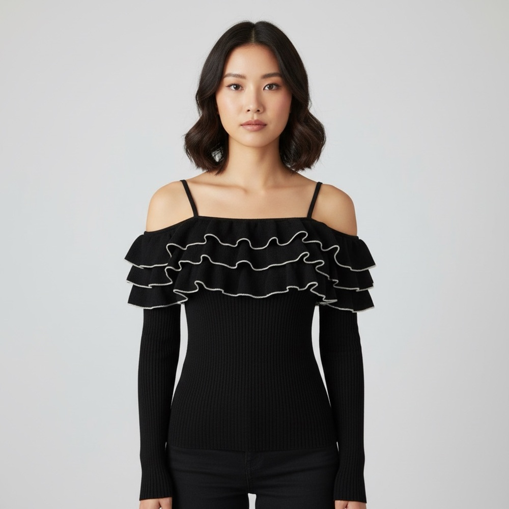 FOREVER 21 | Black Ribbed Ruffle Off-shoulder Sweater Sz S